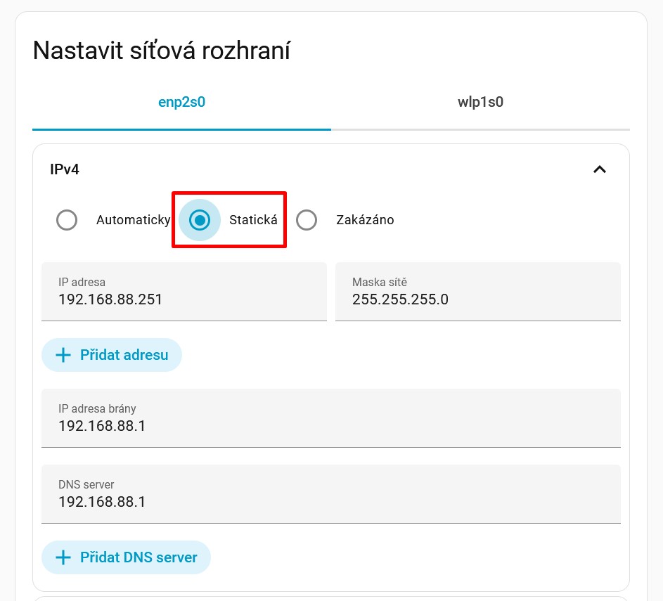 Nastavení statické IP adresy