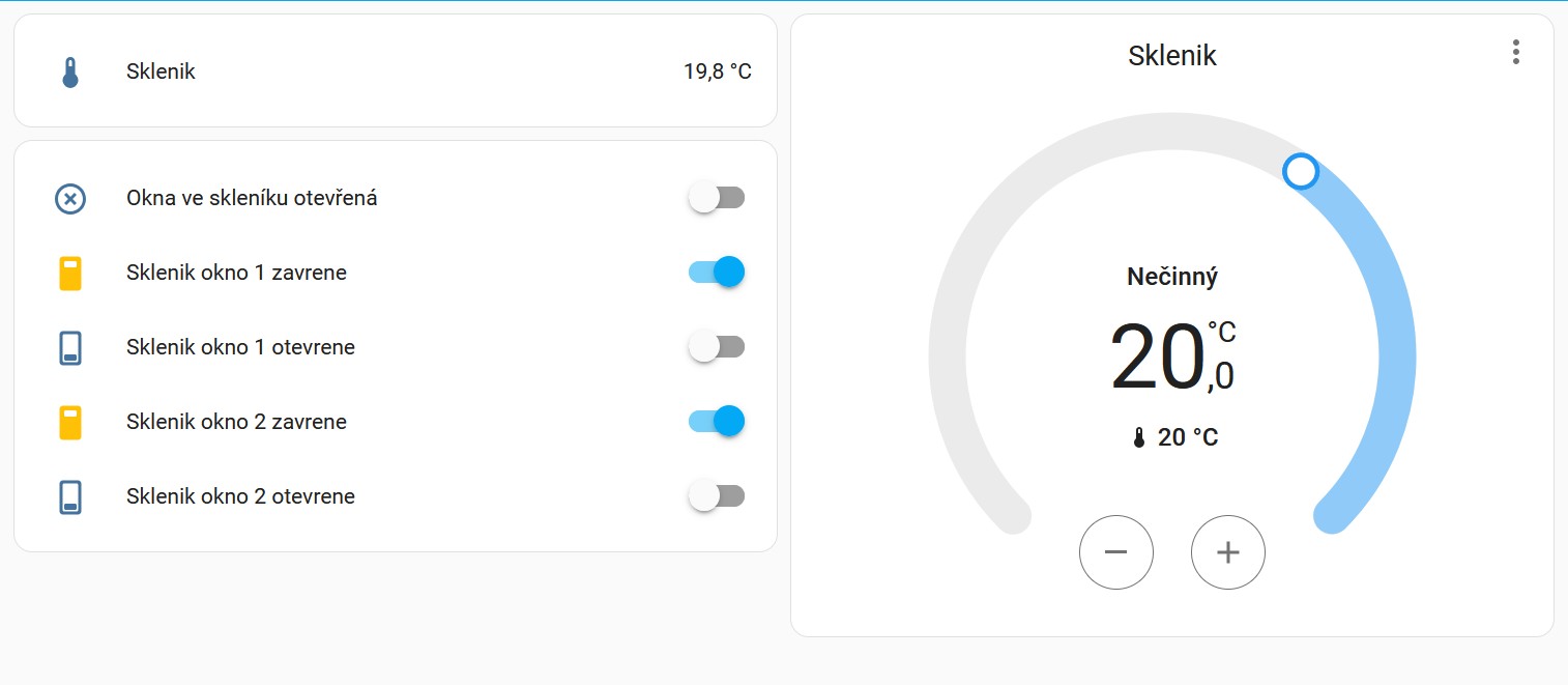 Záběr ze systému Home Assistant, kde sledujeme aktuální teplotu ve skleníku pomocí senzorů, ovládáme termostat a automaticky otevíráme okna, pokud teplota překročí nastavenou mez.