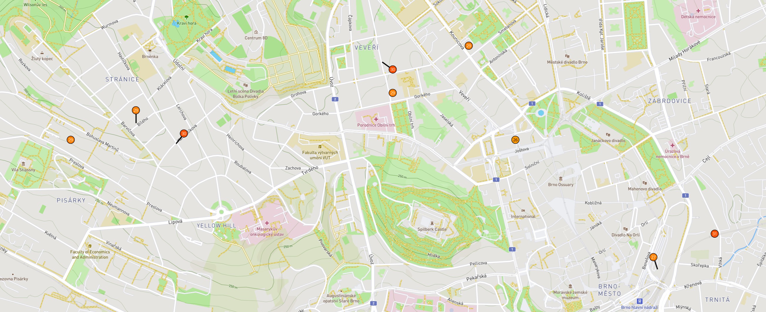 Wundermap - stanice v okolí Špilberku s detailem stanice a jejím ID