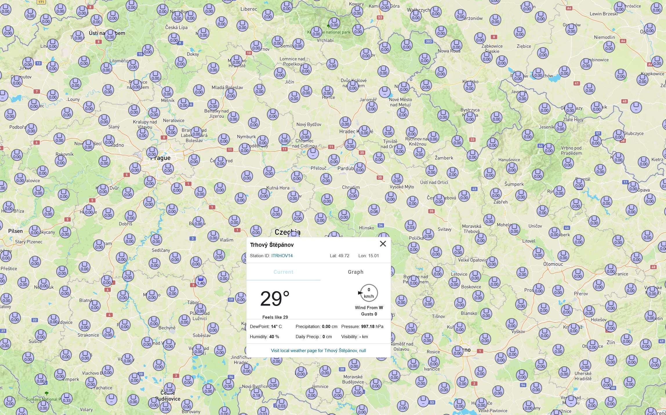 Mapa srážek Weather Underground nad Českem