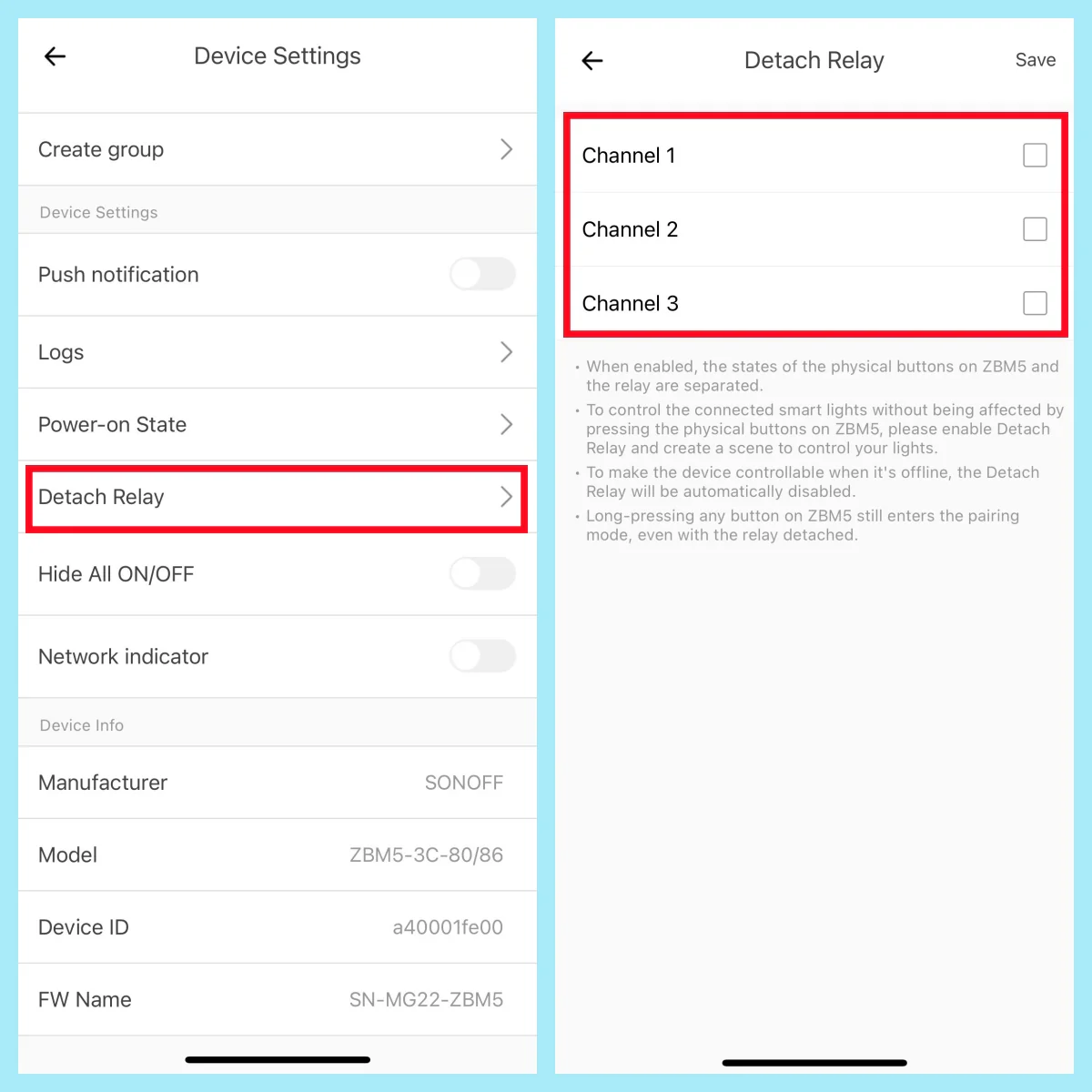 Jak zapnout Detach Relay Mode v eWeLink