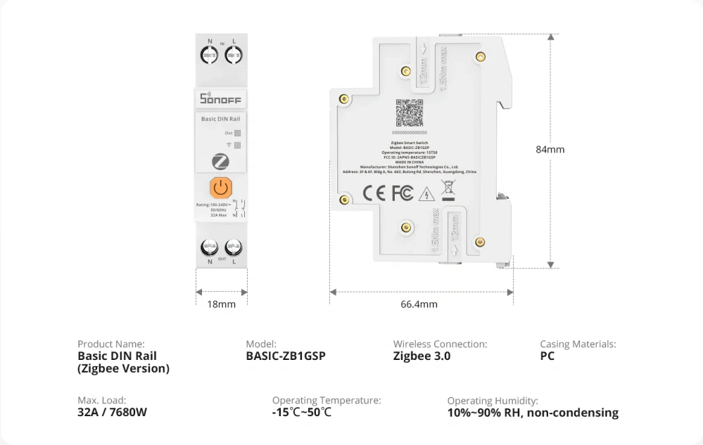 Sonoff BASIC-ZB1GSP Zigbee spínač 32A na DIN lištu