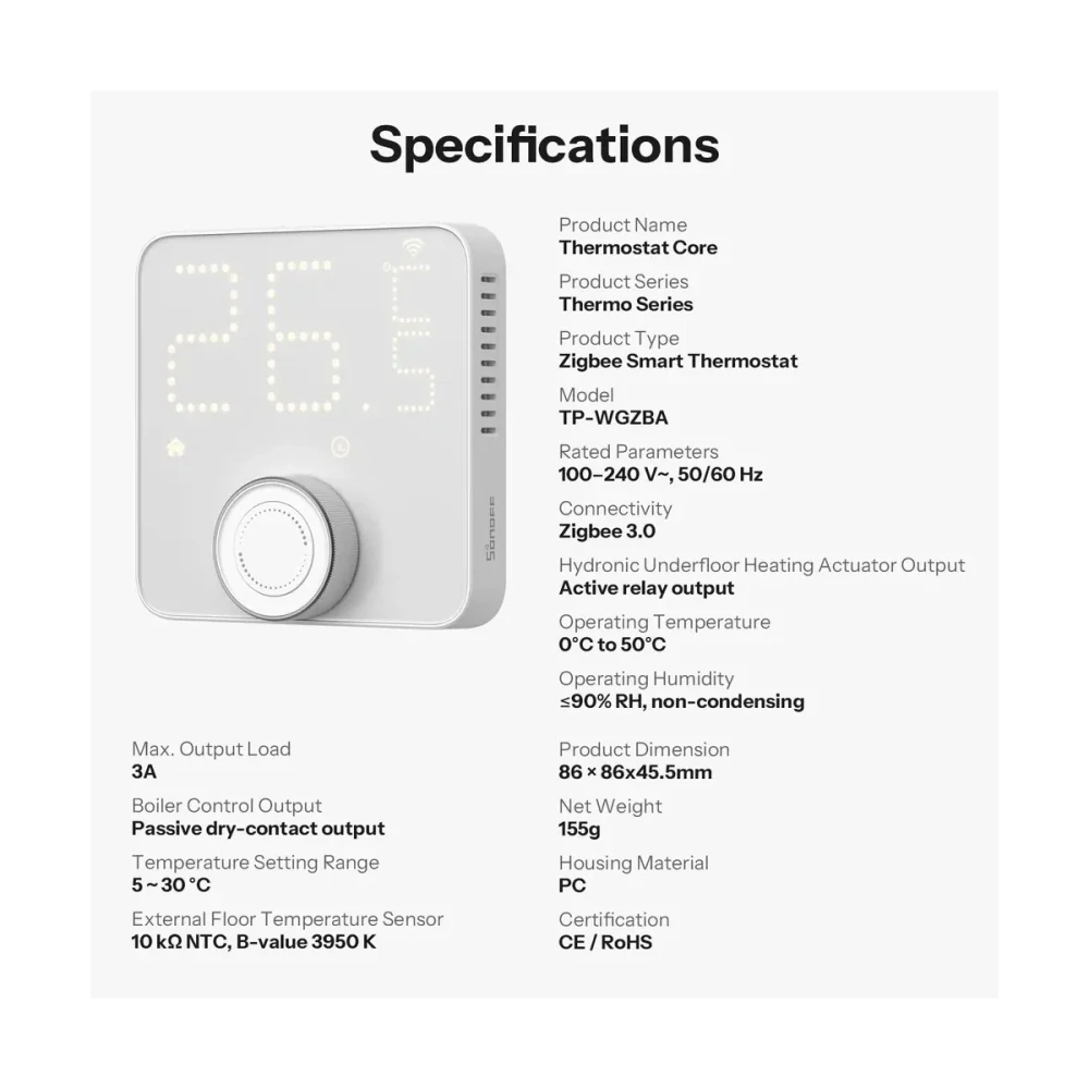 SONOFF Thermostat Core TP-WGZBA – Zigbee termostat pro podlahové topení a kotle