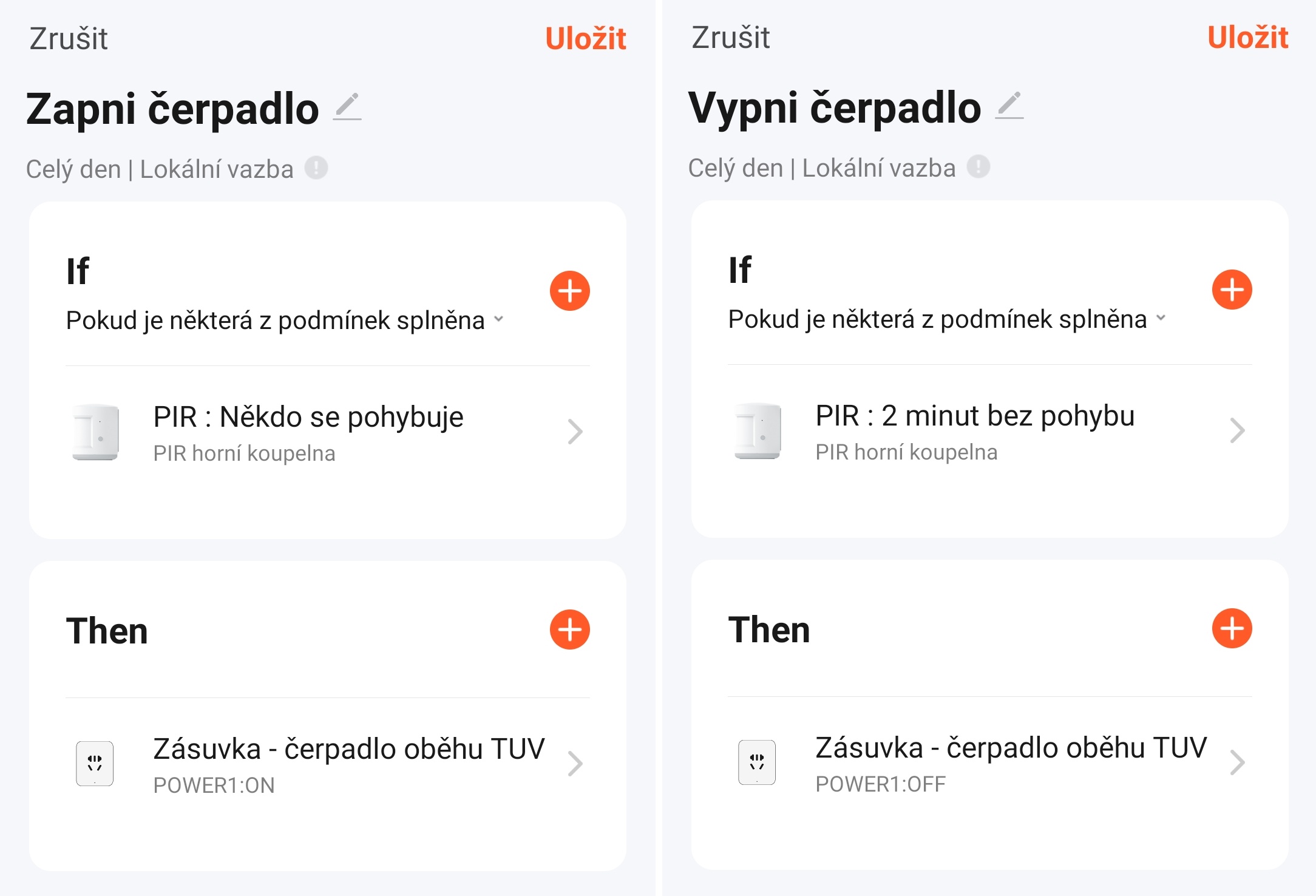 Dvě scény pro ovládání čerpadla v aplikaci Tuya