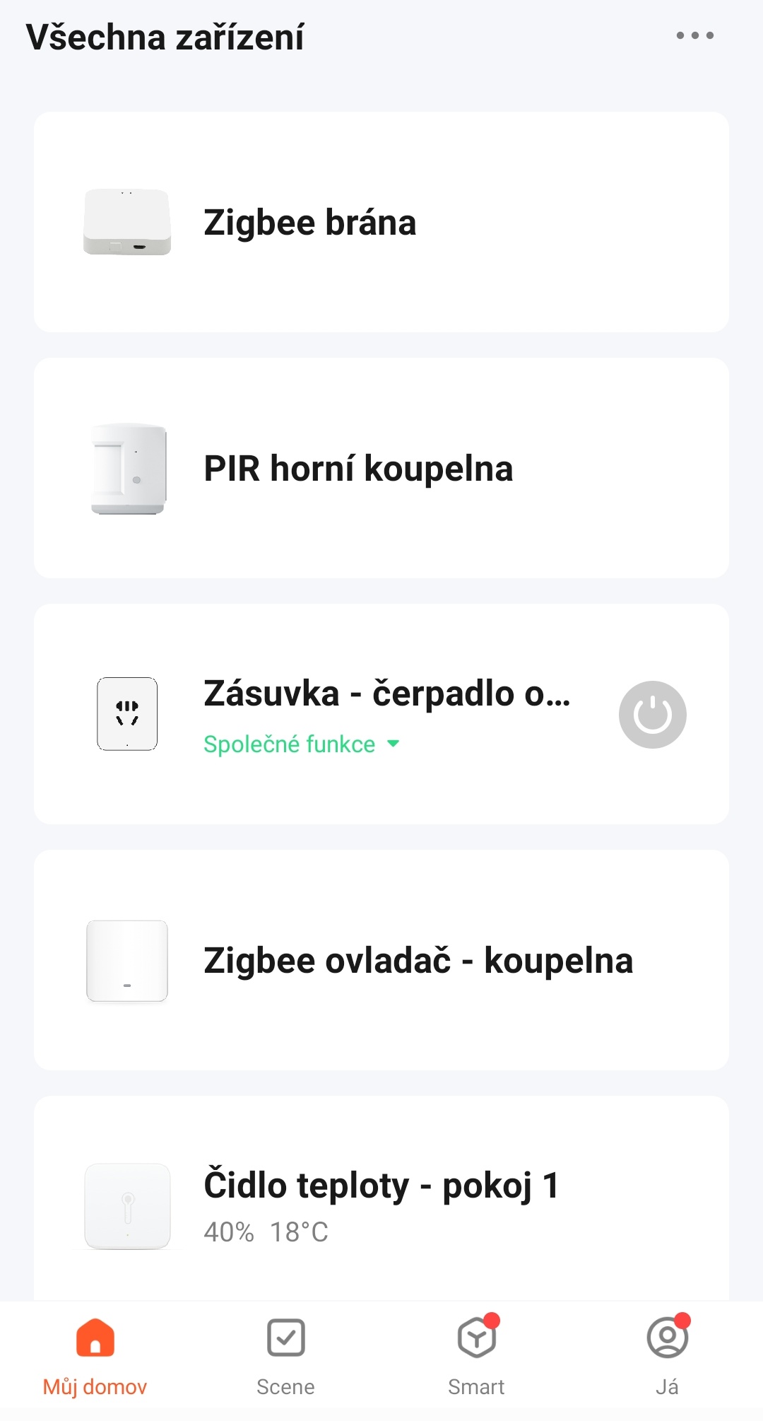 Seznam zařízení v aplikaci Tuya
